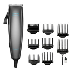 Cecotec Bamba PrecisionCare Power Blade Titanium Cortapelos con Cable - Cuchillas de Titanio - Uso en Seco y Humedo - 9 Peines Guia - Palanca de Ajuste Regulable - Lubricante - Color Gris
