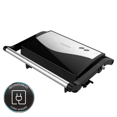 Cecotec Rock'nGrill 750 Full Open Parrilla Electrica - 750W - Apertura 180Âº - Revestimiento Antiadherente - Placa Flotante - Indicador Luminoso - Cierre Vertical con Pinza - 23x14.5cm - Color Negro