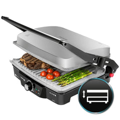 Cecotec Rock'nGrill 2000 Parrilla Electrica - 2000W - Antiadherente - Apertura 180Âº - Saliente Vierte Grasas - Placa Superior Flotante - Base Antideslizante - 30x23.5cm - Acero Inoxidable