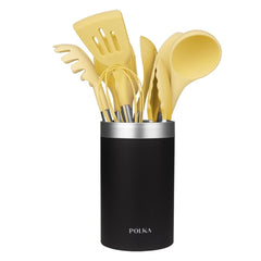 Cecotec Polka Experience Vulcano Pack de 9 Utensilios de Cocina - Mango de Acero y Caucho Termoplastico - Silicona Antiadherente - Resistente hasta 220Â°C - Soporte - Libre de BPA - Color Amarillo Pastel