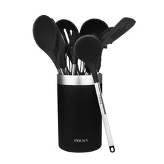 Cecotec Polka Exclusive Wood and Rock Pack de 9 Utensilios de Cocina - Incluye Soporte - Materiales Silicona y Acero - Resistente hasta 220Â°C - Libre de BPA - Silicona Antiadherente - Color Negro