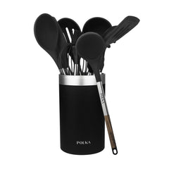 Cecotec Polka Excellence Force Pack de 9 Utensilios de Cocina - Mango Efecto Madera - Silicona Antiadherente - Resistente hasta 220Â°C - Libre de BPA - Incluye Soporte - Facil de Limpiar - Color Negro