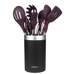 Cecotec Polka Experience Titan Pack de 9 Utensilios de Cocina - Mango de Acero y Caucho Termoplastico - Silicona Antiadherente - Resistente hasta 220Â°C - Incluye Soporte - Libre de BPA - Color Morado