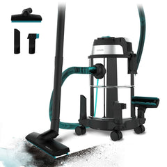 Cecotec Conga Rockstar Wet and Dry Steel Aspirador de Trineo para Solidos y Liquidos - 1200W - Carcasa Metalica - Deposito de 16L - Funcion de Soplado - Incluye Accesorios Multiples - Acero Inoxidable