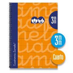 Lamela Cuaderno Espiral con 80 Hojas de 70g/m2 con Margen - Formato Cuarto - Pauta Cuadrovia de 3mm - Cubierta Extra Dura - Papel Offset Blanco Extra - Color Naranja