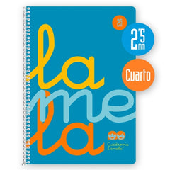 Lamela Cuaderno Espiral con 80 Hojas de 90g/m2 con Margen - Formato Cuarto - Pauta Cuadrovia de 2.5mm - Cubierta Extra Dura - Papel Offset Blanco Extra - Color Azul