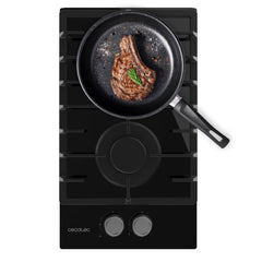 Cecotec Bolero Squad G 2200F Glass Black Cocina de Gas Encastrable - 2 Quemadores - Acabado en Cristal Negro - 5.25kW - Parrillas de Hierro Fundido - Inyector Convertor a Glp - Color Negro
