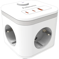 Fellowes Cubo Multienchufes de Sobremesa con 3 Tomas 230V + 2x USB-C 20W max. - 1x USB-A 18W max. - Cable de 2m - Interruptor On/Off - Color Blanco