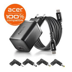 NGS BUD65Wâ€‘AC Cargador GaN 65W para Portatiles Acer - USB C Power Delivery y PPS - 4 Conectores DC Incluidos - Cable USB C 1.5m 60W - DiseÃ±o Ultraportatil - Proteccion contra Sobrecalentamiento y Sobrecargas