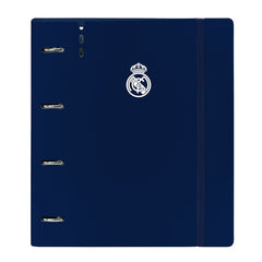 Safta Real Madrid 1Âª Equip. 24/25 Carpeta con 4 Anillas 35mm - Tapas de PP Foam - Recambio 100 Hojas - Cierre Elastico - Separadores - Ranura para Boligrafo - 270x40x320mm - Color Azul Marino