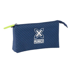 Safta Munich Blue Indigo Portatodo - 3 Compartimentos con Cremalleras - Bolsillo Interior - 0.6L - 220x30x120mm - Color Azul Marino