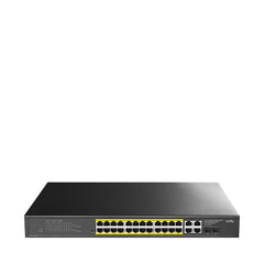 Cudy Switch 28 Puertos - Capacidad Conmutacion 56Gbps - 24x RJ45 PoE+ - 2x RJ45 GbE - 2x Gigabit SFP - Reinicio Automatico - Vigilancia IGMP - Prevencion de Bucles - 440x220x44mm - Color Negro