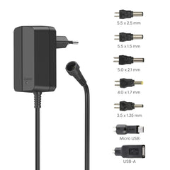 Hama Fuente de Alimentacion Multidispositivo - Potencia 12W - Indicador LED - 7 Adaptadores - Intensidad Maxima 1A - Voltaje Ajustable - Color Negro