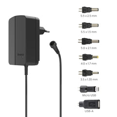 Hama Fuente de Alimentacion Multidispositivo - Potencia 27W - Voltaje 12V - Indicador LED - 7 Adaptadores - Intensidad Maxima 2.25A - Voltaje Ajustable - Color Negro