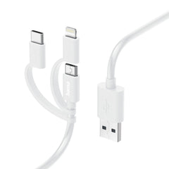 Hama Cable de Carga USB 3 en 1 - Terminales Intercambiables - Longitud 1m- USB-A - USB-C - Micro-USB - Lightning - Velocidad hasta 480Mbps - Niquelado - Color Blanco