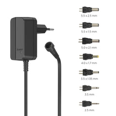 Hama Fuente de Alimentacion Multidispositivo - Potencia 3.6W - Voltaje 12V - Indicador LED - 7 Adaptadores - Intensidad Maxima 0.3A - Voltaje Ajustable - Color Negro