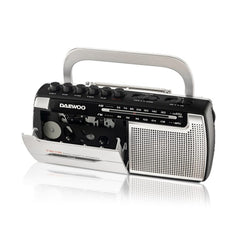 Daewoo Radio Grabadora Cassette AM/FM - Alimentacion a Pilas - Jack 3.5mm - Microfono Integrado - Altavoz Integrado - Asa de Transporte - Color Gris