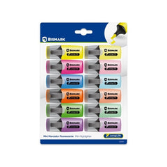 Bismark Long-Life Pack de 12 Mini Marcadores Fluorescentes - 6x Neon y 6x Pastel - Tinta de Secado Rapido - Punta Biselada - Ideal para Subrayar y Resaltar - DiseÃ±o Ergonomico - Alta Durabilidad