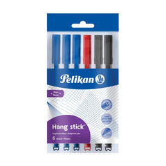 Pelikan Hang Stick Pack de 6 Boligrafos de Colores - Trazo de 1mm - Capuchon Antiasfixia - Cuerpo Triangular Ergonomico - Gancho - Tinta a Base de Aceite - Colores Surtidos