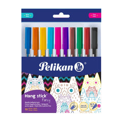 Pelikan Hang Stick Pack de 10 Boligrafos de Bola - Trazo de 0.7mm - Capuchon Antiasfixia - Cuerpo Triangular Ergonomico - Gancho - Tinta a Base de Aceite - Colores Surtidos
