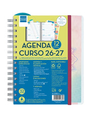 Finocam Magistral Agenda Escolar 26/27 - Semana Vista Horizontal - Formato 4Âº - 155x212mm - Tapas de Polipropileno - Papel de 80g/m2 - Espiral Metalica - Esquinas Microperforadas - Multicolor