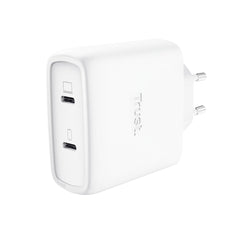 Trust Maxo Cargador de Pared - 65W - GaN - 2xUSB-C - Cable USB-C de 2m - Power Delivery - Plastico Reciclado - 30x63x97mm - Color Blanco
