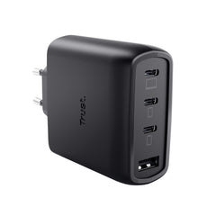 Trust Maxo Cargador de Pared - 65W - GaN - 3xUSB-C - USB-A - Cable USB-C de 2m - Power Delivery - Plastico Reciclado - 30x63x97mm - Color Negro