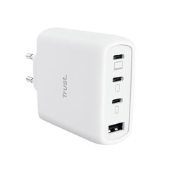 Trust Maxo Cargador de Pared - 65W - GaN - 3xUSB-C - USB-A - Cable USB-C de 2m - Power Delivery - Plastico Reciclado - 30x63x97mm - Color Blanco
