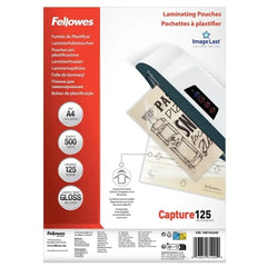 Fellowes Imagelast Pack de 500 Fundas para Plastificar - Formato A4 - Efecto Brillo - 125 micras - Flechas Indicadoras de Direccion - Transparente