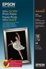 Epson Ultra Glossy Photo Pack de 15 Hojas de Papel Fotografico - A4 - Gramaje de 300g/m2 - Acabado Brillante - Compatible con Impresoras Inkjet - Color Blanco