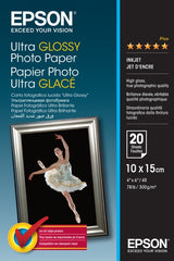 Epson Ultra Glossy Photo Pack de 20 Hojas de Papel Fotografico - 10x15cm - Gramaje de 300g/m2 - Acabado Brillante - Compatible con Impresoras Inkjet - Color Blanco