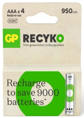 GP ReCyko Pack de 4 Pilas Recargables 950mAh AAA 1.2V - Precargadas - Ciclo de Vida: Hasta 1.000 Veces