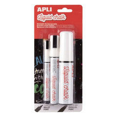 Apli Pack de 3 Rotuladores de Tiza Liquida de Diferentes Puntas - Redonda 3 y 5,5mm y Biselada - Secado Rapido - Color Blanco