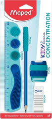 Maped Kidy Lern Concentration Pack con Regla 20cm + Sacapuntas + Goma de Borrar + Lapiz - DiseÃ±ados para Ayudar a la Concentracion - Zonas Tactiles Sensoriales - Color Azul