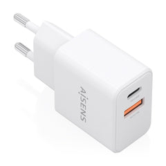 Aisens Cargador Gan 20W - 1xUSB-C PD3.0 - 1xUSB-A QC3.0 - Color Blanco