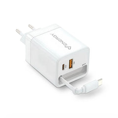 Energy Sistem Retractable Charger Cargador GaN 20W - 1x USB-C PD, 1xUSB-A + Cable USB-C 60cm Retractil - Carga Inteligente y Rapida - Control de Temperatura y Sobretension - Color Blanco