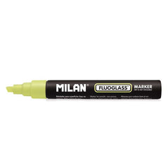 Milan Fluoglass Marcador para Superfícies Lisas - Ponta Biselada - Traço de 2 - 4mm - Tinta à Água - Fácil de Apagar - Cor Amarelo