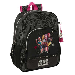 Safta K-Pop Demon Hunters Energy Mochila - Adaptable a Carro - Bolsillo Frontal - Portabotellas - Cremallera con Doble Tirador - Asa de Mano - Espalda Acolchada - 33x42x14cm - Color Negro y Rosa