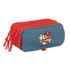 Safta Super Mario Portatodo - 3 Compartimentos con Cremallera - Cinta Trasera Adaptable - Bolsillo Frontal de Rejilla con Velcro - 21.5x10x8cm - Color Rojo y Azul