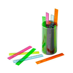 Faibo Frasco com 100 Réguas Escolares de 16cm - Cores Fluorescentes Transparentes Sortidas