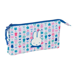 Safta Miffy Bunny Portatodo - 3 Compartimentos con Cremallera - Bolsillo Interior Central - 22x12x3cm - Color Blanco y Azul