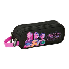 Safta K-Pop Demon Hunters Portatodo - 2 Compartimentos con Cremallera - Asa Lateral - Capacidad 1L - 21x8x6cm - Color Negro y Rosa