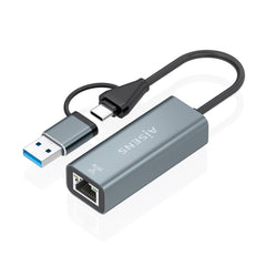 Aisens Conversor USB3.2 Gen1 + USB-C a Ethernet Gigabit 10/100/1000 Mbps - 15cm - Color Gris