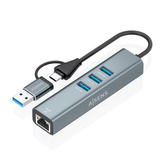Aisens Conversor USB3.2 Gen1 + USB-C a Ethernet Gigabit 10/100/1000 Mbps - Hub 3xUSB3.0 - 15cm - Color Gris