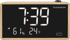 Thomson Radio Reloj Despertador con Proyeccion - Radio FM - Visualizacion Temperatura Interior - Angulo Proyeccion Ajustable - Color Madera