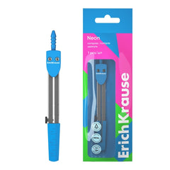 ErichKrause Neon Compas Escolar - Cuerpo Metalico - 120mm de Longitud - Radio Maximo de 180mm - Bolsa de Polietileno - Color Azul