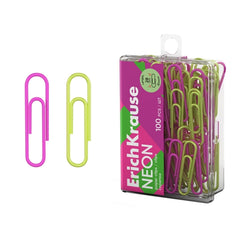 ErichKrause Neon Pack de 100 Clipes Revestidos - 28mm - Caixa de Plástico - Cores Sortidas