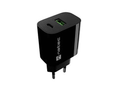 Natec Ribera Cargador de Pared 20W - 1xUSB-A + 1xUSB-C - Carga Rapida - 2 Dispositivos Simultaneos - Color Negro