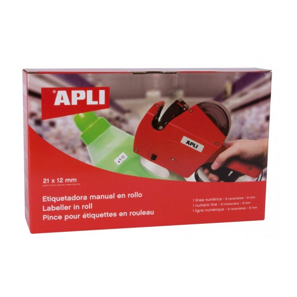 Apli Maquina Etiquetadora de Precios 1 Linea 8 Caracteres - Facil Uso - Cambio Rapido de Digitos - Instalacion Sencilla de Rollo y Cartucho - Correa de Mu�eca