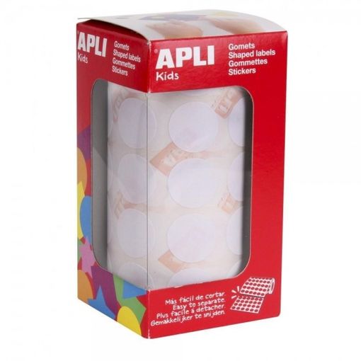 Apli Rollo de 1.770 Gomets Redondos �~ 20mm - Adhesivo Permanente con Base de Agua - Libre de Disolventes - Color Blanco